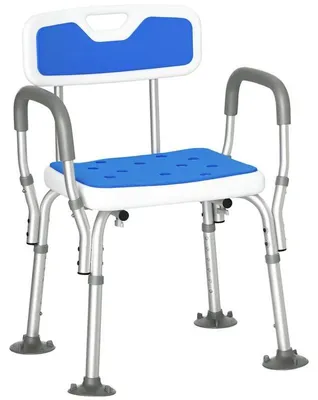 Obrázok produktu pre Kúpelňová stolička – Ergonomická stolička do sprchy – Výškovo nastaviteľná – Protišmykové nožičky – Plastová konštrukcia – 56,5 x 53,5 x 87 cm – Biela/Modrá