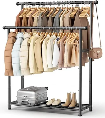 Productafbeelding van Unyqoos® Dubbele kledingrek met schoenenplank, 112,7 cm, metaal, zwart – draagvermogen tot 150 kg, geschikt voor slaapkamer en woonkamer