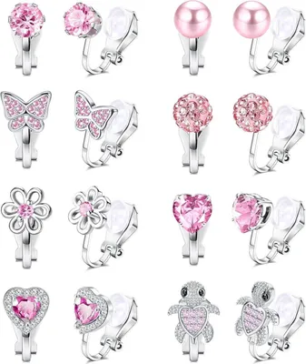 Image de Clip-on Boucles d'oreilles Enfants Filles Set de 8 Coeurs Étoile Fleurs Tortues Roses