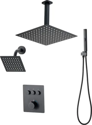 Image de Kit de douche SucceBuy avec pomme de douche à effet pluie 12 pouces, pomme de douche à montage mural 6 pouces et douchette 2 en 1, double pomme de douche rotative à trois fonctions, kit d'habillage de la vanne en laiton, finition thermostatique noire mate