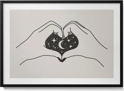 Produktbild von Hand Herz und Kosmos - Illustration– Wandbild mit Rahmen – Gerahmtes Bild  – Wanddekoration – 100x70 cm –  Schwarz Rahmen