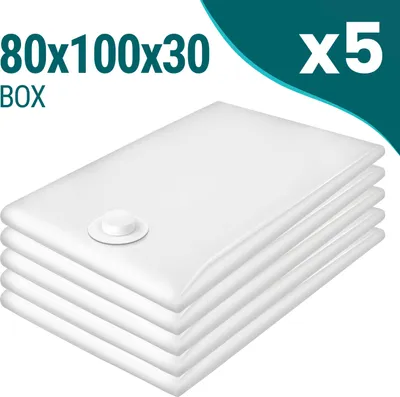 A stack of five white vacuum seal bags with a valve on the top bag.