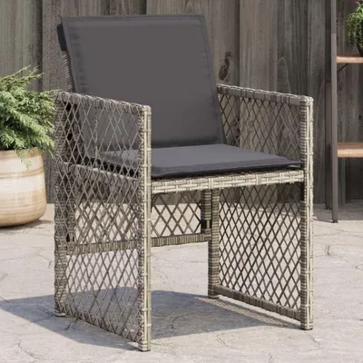 Produktbild von Gartenstuhl-Set mit 4 Stühlen aus grauem Poly-Rattan, Kissen und klappbarer Rückenlehne, UV-beständig, für den Außenbereich, pulverbeschichteter Stahlrahmen