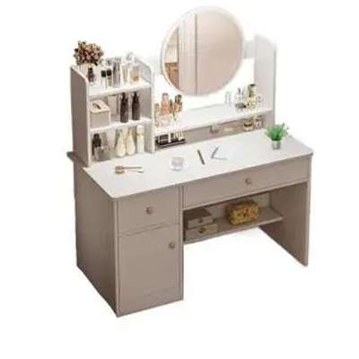 Image de Coiffeuse de 100 cm avec miroir et tiroirs, blanche, style glamour et scandinave