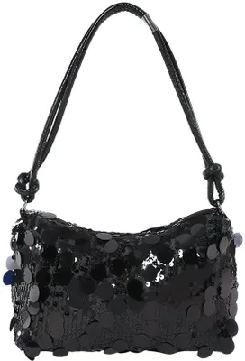 Image de Pochette à paillettes pour femme, avec bandoulière, fermeture à glissière et grande capacité, noire