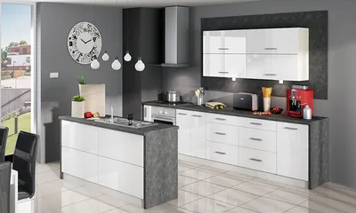 Produktbild von Küchenzeile 305x160cm grau / weiß Hochglanz Küchenblock Modern Küche Komplett