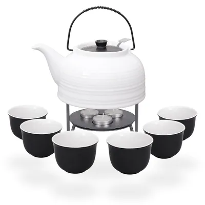Produktbild von Nelly Teeset / Teeservice / Teekanne Keramik 1,5l mit Sieb, Stövchen und 6 Teetassen 120ml, weiß/schwarz