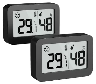 Produktbild von 2er-Set Mini Thermo-Hygrometer digital mit Komfortanzeige, Raumtemperatur- und Luftfeuchtigkeitsmesser - Schwarz