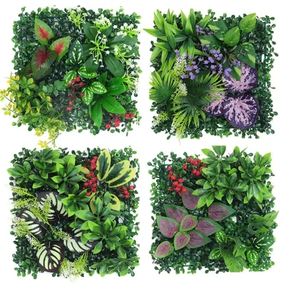 Produktbild von Pflanzenwand für den Außenbereich, 4 künstliche Pflanzenwandelemente, 25 x 25 cm, künstliche Pflanzendekoration für Wand, Balkon und Garten (Hybrid 09)