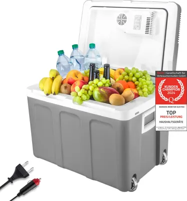 Produktbild von TZS First Austria elektrische Kühlbox 45L, 12V/230V, mobiler Minikühlschrank, mit Rollen, 12-V-Stecker fürs Auto, Warmhaltefunktion, Camping, Grau