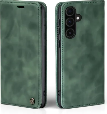 A green flip case for a smartphone is shown from two angles.