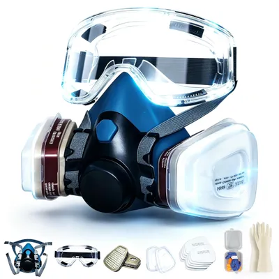 Imagen del producto de Mascarilla reutilizable para protección respiratoria RM63 con gafas protectoras y filtro, para protección contra polvo, pintura y lijado