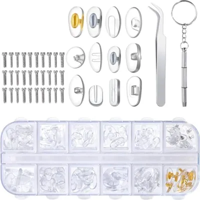 Produktbild von 12 Stile 60 Paar Brillen Nasenpads Brillen Reparatur Set mit 30 Schrauben Pinzette Kleiner Schraubendreher für Brillen Lesebrillen