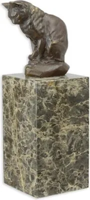 Produktbild von Casa Padrino Luxus Bronzefigur Katze Bronzefarben / Mehrfarbig 8,8 x 7,2 x H. 21,5 cm - Elegante Bronze Skulptur mit Marmorsockel - Deko Accessoires