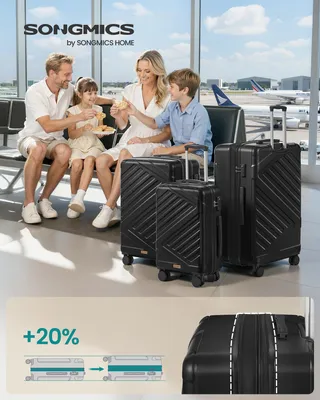 Obrázek produktu pro Sada kufrů SONGMICS, kufry s pevnou skořepinou, zámkem TSA a popruhem, rozšiřitelné, velikosti M/L/XL, na dovolenou, 4 kolečka, černé