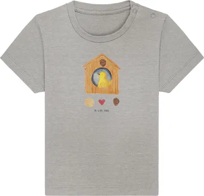 Produktbild von Mr. & Mrs. Panda Organic Baby Shirt Vogel Haus 24. - 36. Monat - Heather Grey - Geschenk, Lustige Sprüche, Wohnung, Kurzarmshirt, Familie, Vogelhaus, Öko T-Shirt,