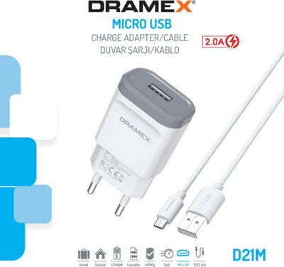A white and gray USB charger and cable are shown against a white background with blue graphic elements.