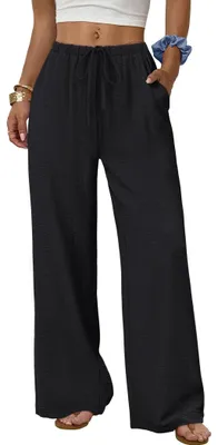 Produktbild von ASKSA Damen Hosen Sommer Weite Hohe Taille Bein Baggy Einfarbig  Elegante Lose Flowy Leicht Sommerhose mit Taschen (Schwarz,L)