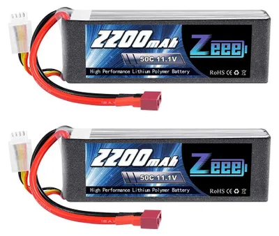 Zdjęcie produktu dla Zestaw 2 akumulatorów litowo-polimerowych (LiPo) 11,1V, 50C, 2200mAh, przeznaczonych do modeli RC, z wtykiem T