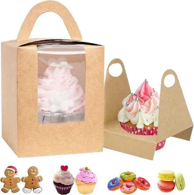 Produktbild von Famanu Cupcake-Boxen 30 Stück - Kraftpapier mit Fenster und Tragegriff, braun