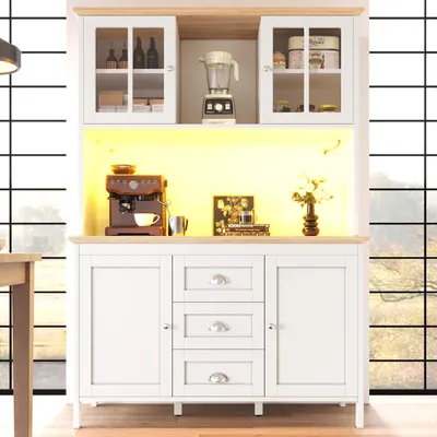 Produktbild von Flieks Küche Hochschrank mit Led, Küchenschrank mit Schubladen und Türen, Sideboard mit höhenverstellbaren Einlegeböden, 120x40x179cm, Weiß