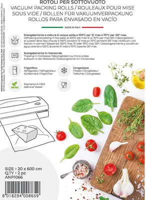 A flat lay image showing vacuum packing rolls with ingredients like spinach, tomatoes, and garlic, along with a vacuum sealer illustration.