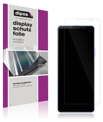 A product packaging and a smartphone with a screen protector are shown side-by-side.