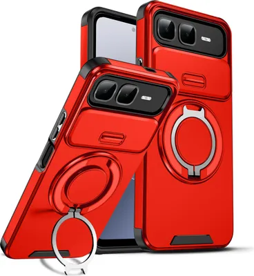 Image de Étui double couche pour Infinix Smart 10 Plus, avec couvercle coulissant pour l'appareil photo et anneau magnétique Rouge