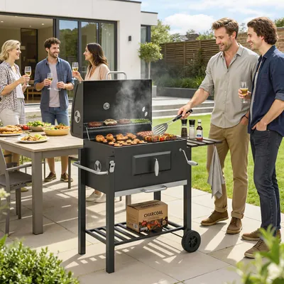 Produktbild von höhenverstellbares Kohlefach, Holzkohlegrill Smoker BBQ-Grill, 2 Grillroste, Warmhalterost, Schwarz | Edelstahl | 113x65x108 cm