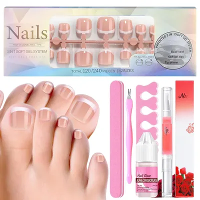 Produktbild von Falsche Fußnägel Kit 120 Stück Französisch Künstliche Zehennägel zum Aufkleben Hautfarbene Full Cover Tips 12 Größen