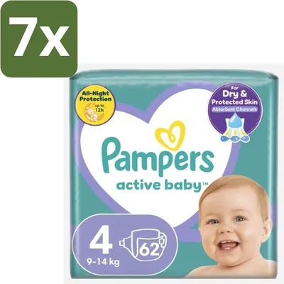 Produktbild von Pampers – Windeln – Active Baby Größe 4 (9-14 kg) – 62 Windeln - Vorteilspack - 7 Stücke