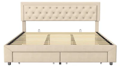 Obrázek produktu pro Čalouněná postel – manželská postel 180×200 cm – hydraulický úložný prostor – 2 zásuvky – čelo postele – rošt – béžová