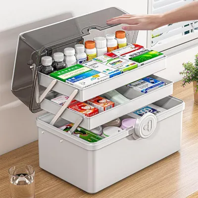 Immagine prodotto di Kit di pronto soccorso, cassetta per la farmacia domestica, valigetta medica, portatile, 3 scomparti, in PP, dimensioni 39x21,5x26,5 cm