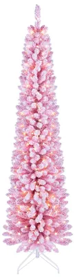 Productafbeelding van COSTWAY Kunstkerstboom, 210 cm hoog, met sneeuw, smalle dennenboom met 190 warmwitte LED-lampjes, 8 lichtmodi, 523 takken en voetstuk