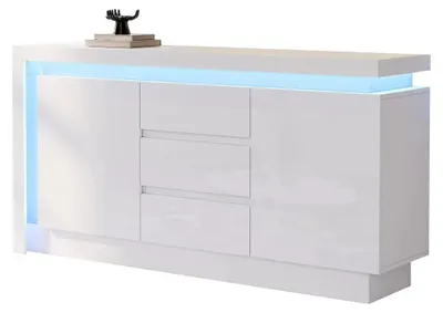 Zdjęcie produktu dla Komoda – szafka nocna z szufladami i drzwiczkami – oświetlenie LED – powierzchnia z połyskiem – regulowane szuflady – kolor biały
