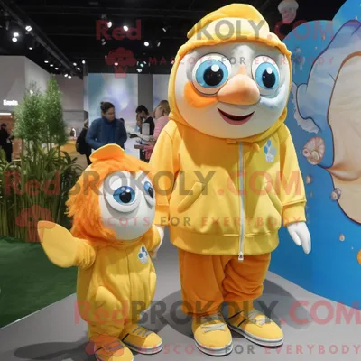 Immagine prodotto di Personaggio mascotte REDBROKOLY di un pesce pagliaccio giallo limone vestito con felpa e forcine