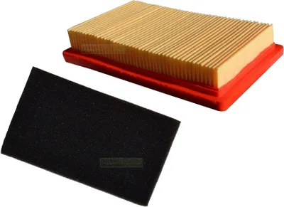 A product shot of an air filter and a foam filter on a white background.