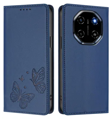 Image de Étui en cuir pour Blackview Shark 6 / Oscal Tiger 8, motif papillon, étui portefeuille à rabat avec support, bleu foncé