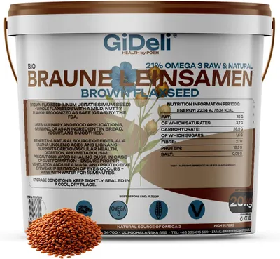 Immagine prodotto di Semi di lino marroni 20 kg, interi, vegani, naturali, ricchi di fibre, per la panificazione, GiDeli