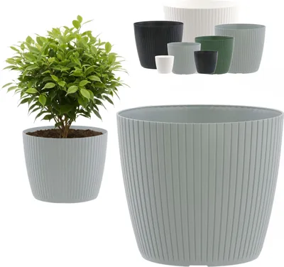 Imagen del producto de Macetas redondas, macetas con relieves, cubierta para macetas de 20 cm de diámetro, macetas con rayas verticales, macetas para plantas pequeñas y grandes, plástico, decoración para el hogar y el jardín, color gris