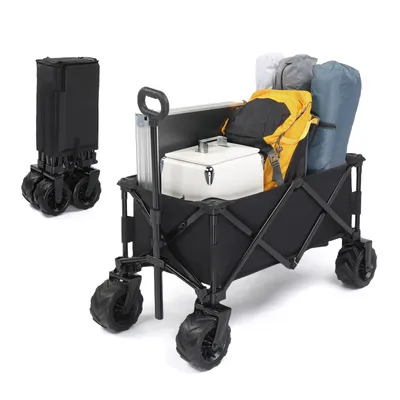 A black foldable wagon filled with camping gear, shown on a white background.
