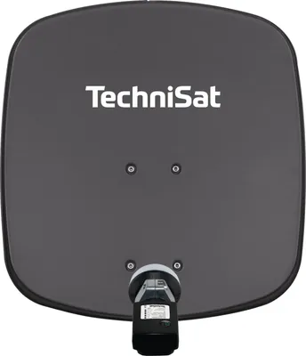 A satellite dish with a logo and some attachments.