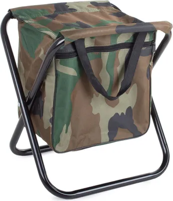 A camouflage folding stool with storage.