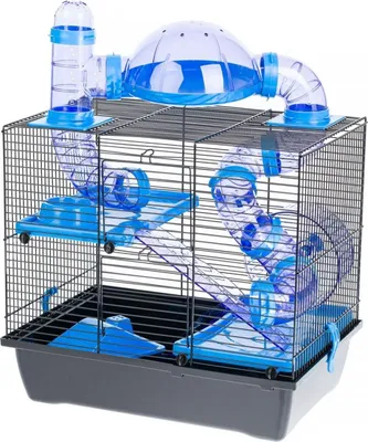 A hamster cage with multiple levels and tubes.