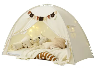 Immagine prodotto di Tenda per letto singolo/letto a una piazza e mezza - Tenda per letto a castello - Con luci a stella e festoni - Zanzariera traspirante - Casina da gioco privata per interni - Beige