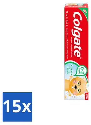 Obrázok produktu pre 15 kusov zubnej pasty Colgate Kindertandpasta s príchuťou jahody – pre deti od 0 do 2 rokov – 50 ml – výhodný balík