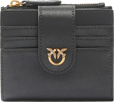 A black leather wallet with a gold bird logo.