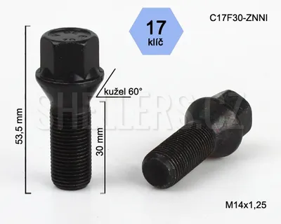 Obrázok produktu pre Skrutka kolesa M14x1,25x30 kužeľová, kľúč 17, C17F30-BLACK, čierna, výška 53,5