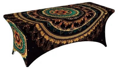 Produktbild von Stretch-Elasthan-Tischdecke im Mandala-Design für rechteckige Tische, dekorativ für Innen- und Außenbereiche, waschbar, geeignet für Veranstaltungen, Hochzeiten und Partys
