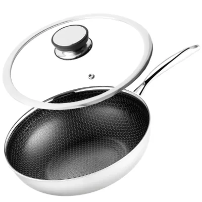 Produktbild von YEZEY Professionelle Induktions-Wok-Bratpfanne, antihaftbeschichtet, 30 cm, mit Deckel, Mitsu-Edelstahl, Hybrid-PFOA- und PFOS-freies HEX-Wabenmuster